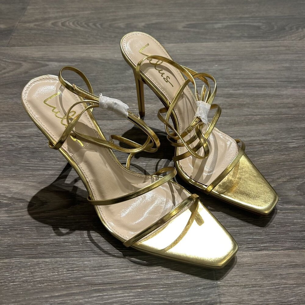 NEW Lulus SZ 9 Gold Sanga Strappy Square Toe Stiletto High Heels Tie Up Metallic - Picture 7 of 11